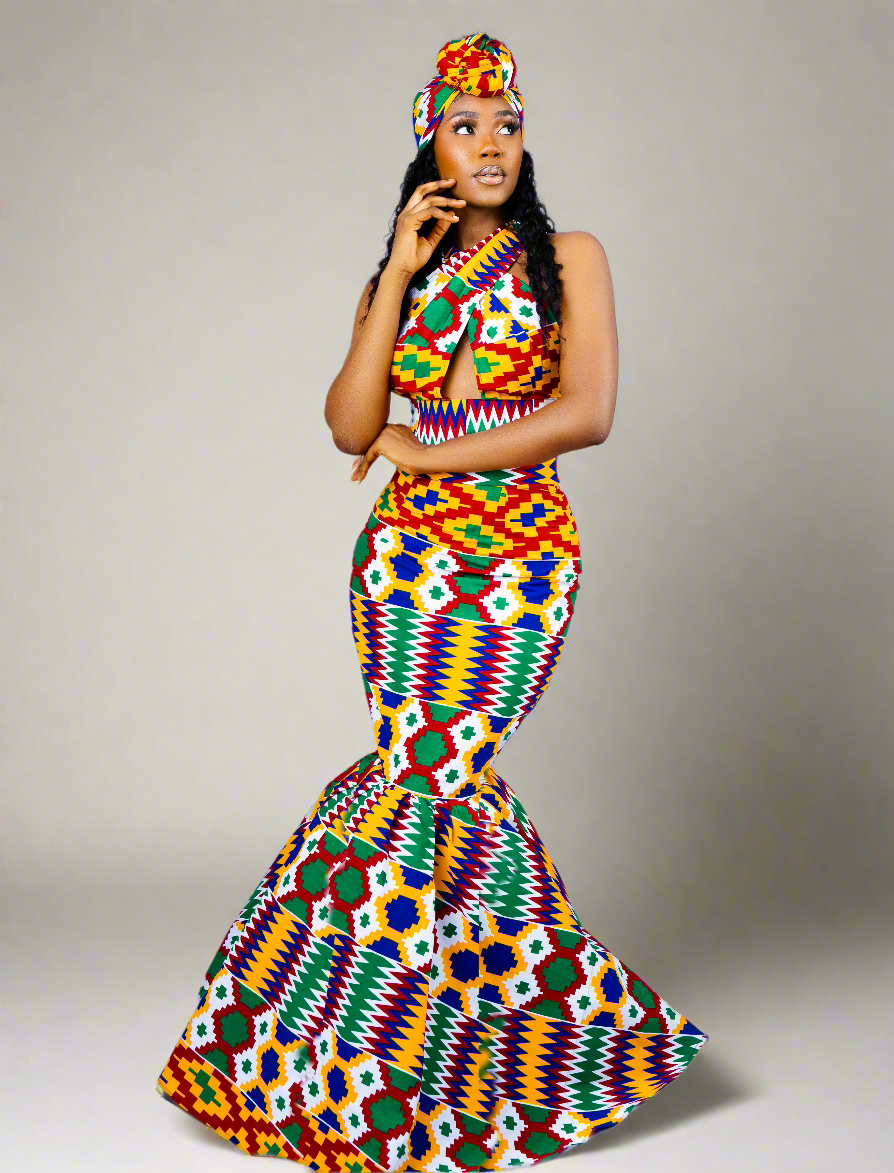 kente mermaid dress African Print Dress Set Chenai – Karentino-Boutique