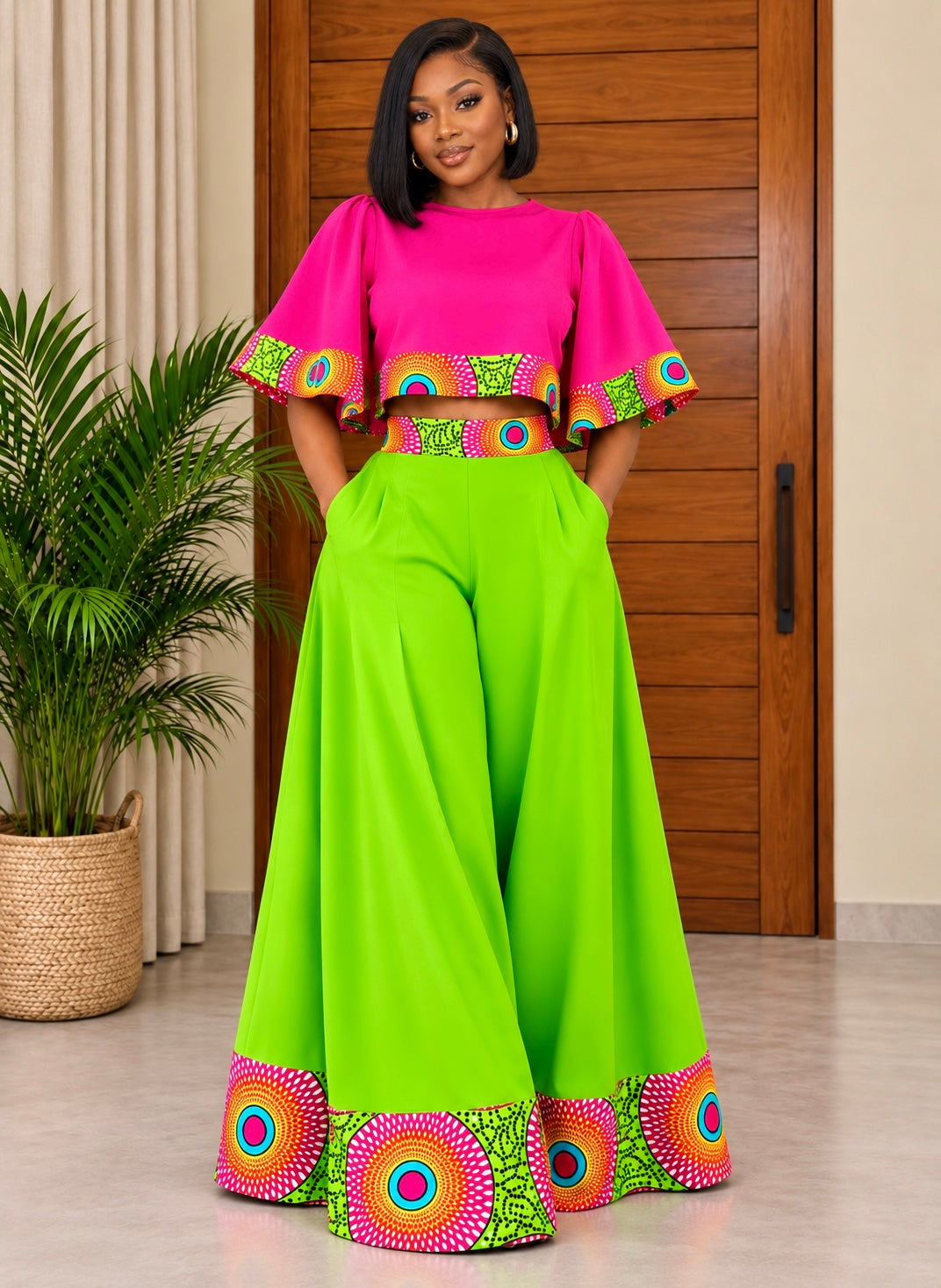 African Print Wide-Leg Trouser & Crop Top Set Chili