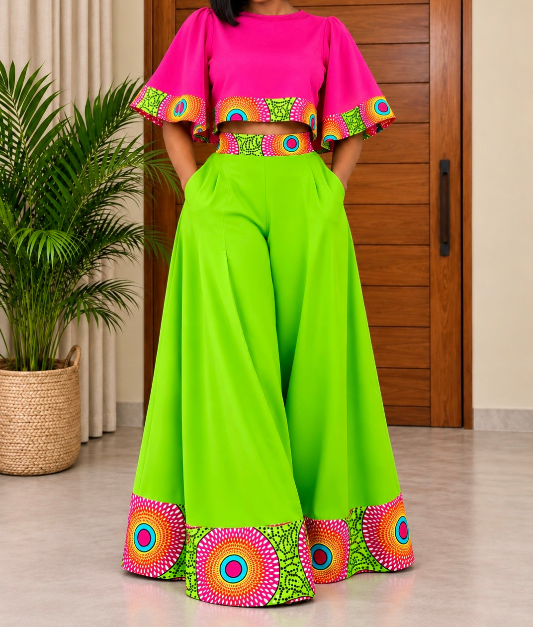 African Print Wide-Leg Trouser & Crop Top Set Chili