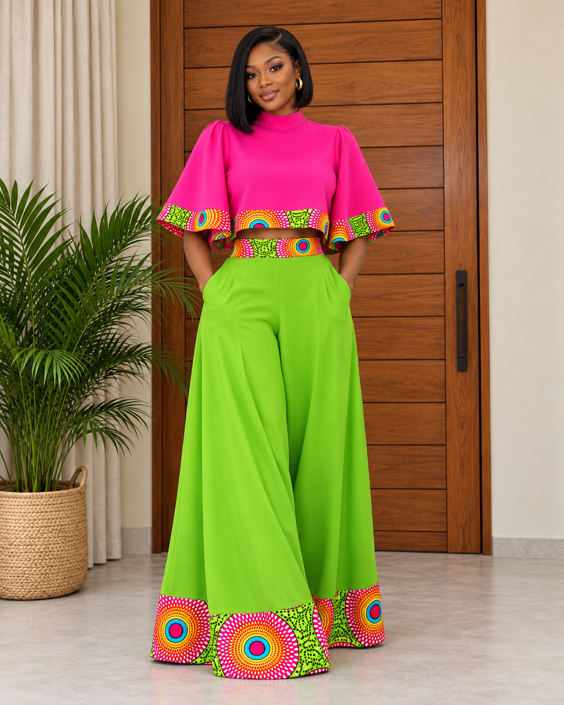 African Print Wide-Leg Trouser & Crop Top Set Chili