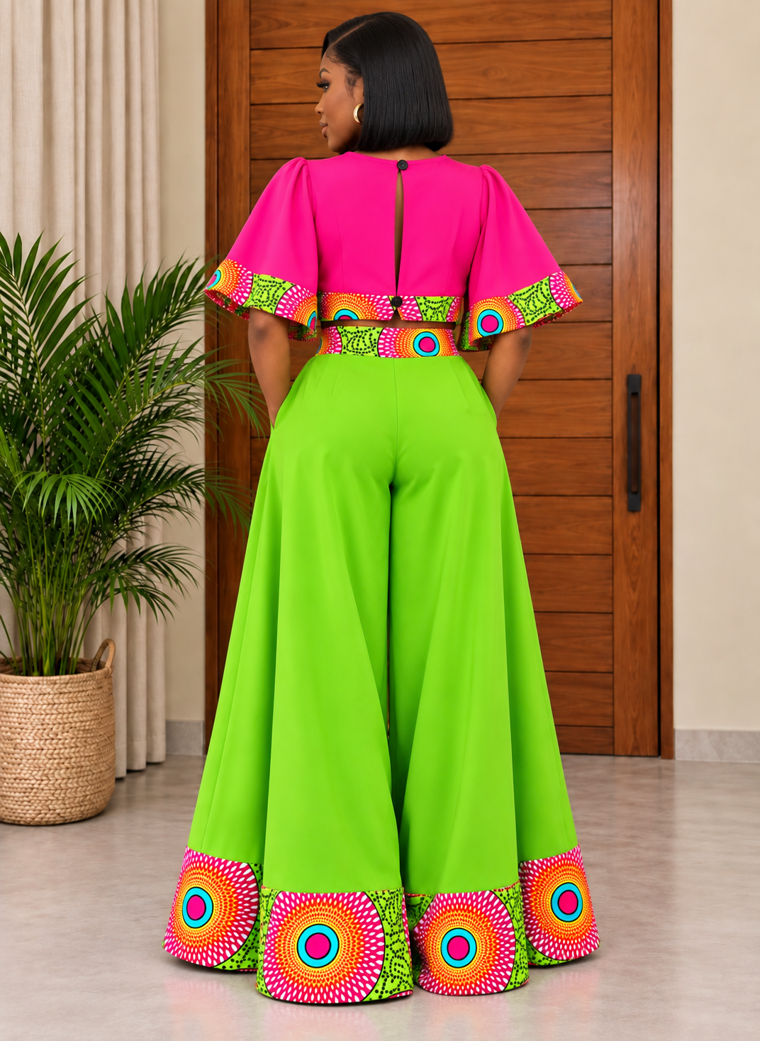 African Print Wide-Leg Trouser & Crop Top Set Chili