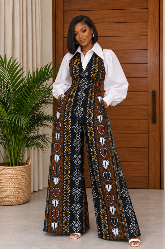 African Print Jumpsuit & White Shirt Gela