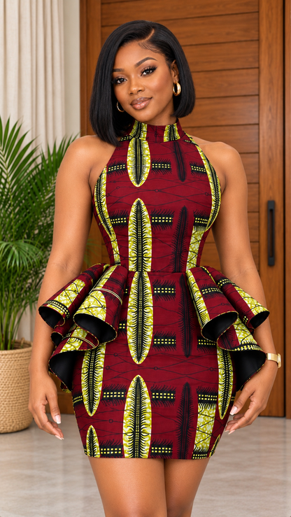 African Print Halter Neck Peplum Cocktail Dress Adora