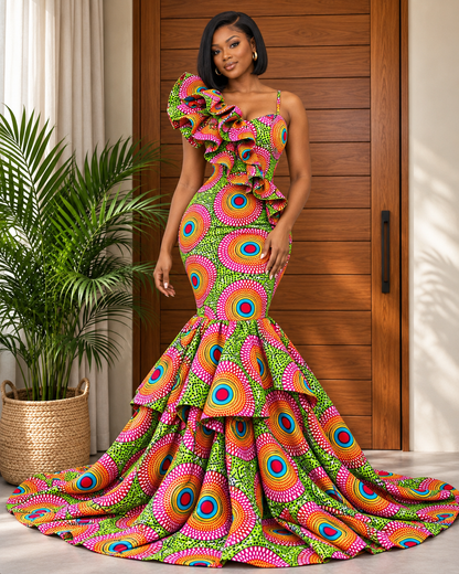 Beautiful African Print Fishtail Evening Dress Nkosani