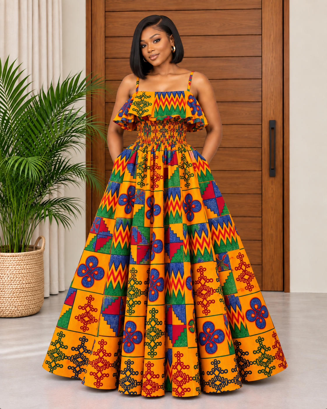 Elegant Kente Print Maxi Dress Ora