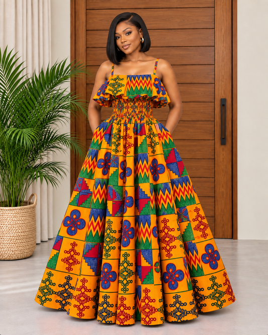 Elegant Kente Print Maxi Dress Ora