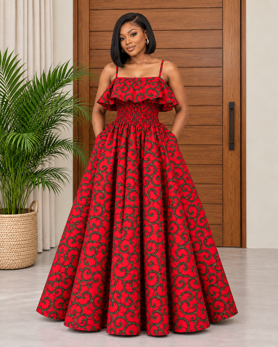 Elegant Ankara Maxi Dress with Ruffle Detail Nneka