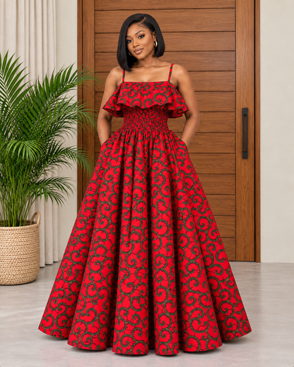 Elegant Ankara Maxi Dress with Ruffle Detail Nneka