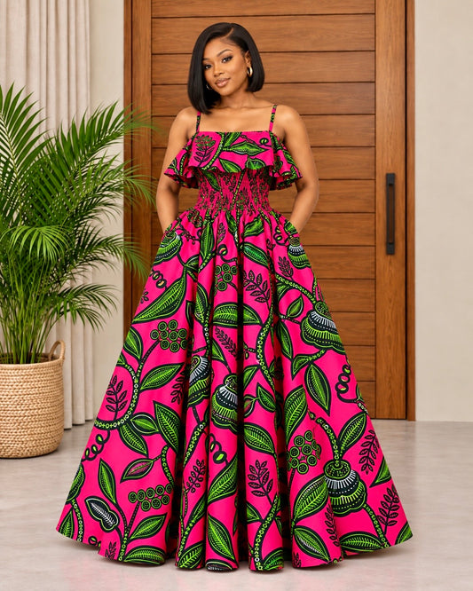 Elegant Ankara Maxi Dress with Ruffle Detail Madube
