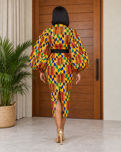 African Print Puff Sleeve Blouse & Pencil Skirt Set Amariyah