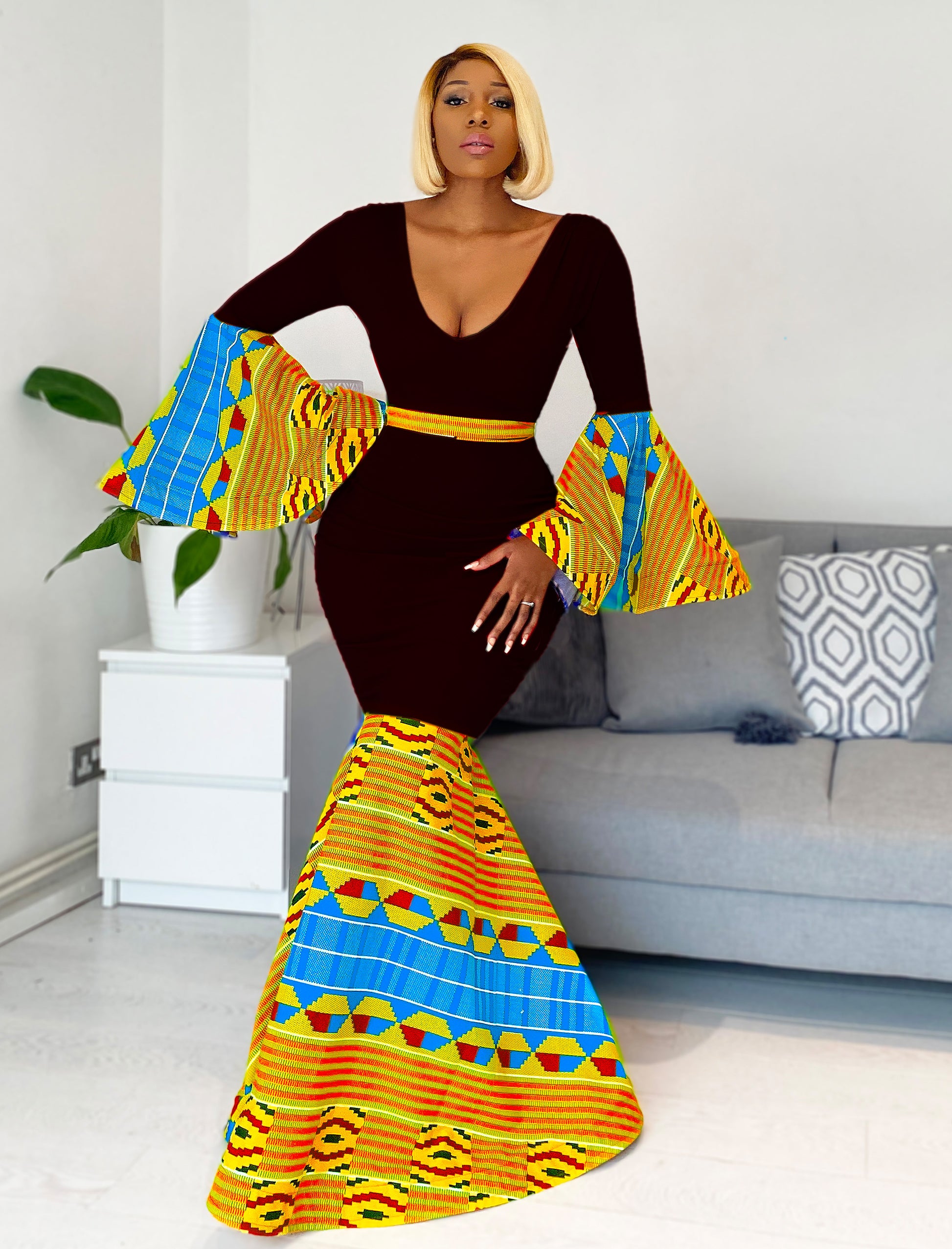 african evening dresses for Women A-line Floor-Length Dress Traditional Ankara Kente Print Dress : Clothing, Shoes & Jewelry wedding or any party Orange Sparkly African Evening Reception