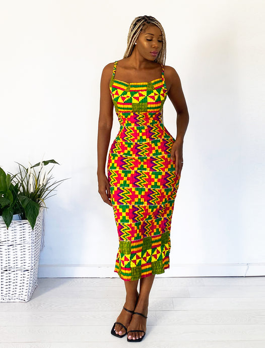 African Print Zanele Midi Dress, kente dress